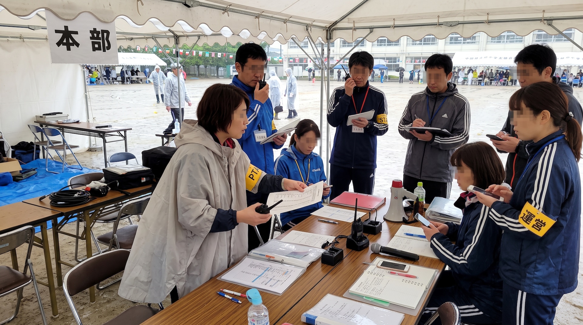 小学校の運動会本部テント内で、雨具やジャージを着たスタッフや教職員が書類やトランシーバーを手に真剣な表情で打ち合わせをしている様子