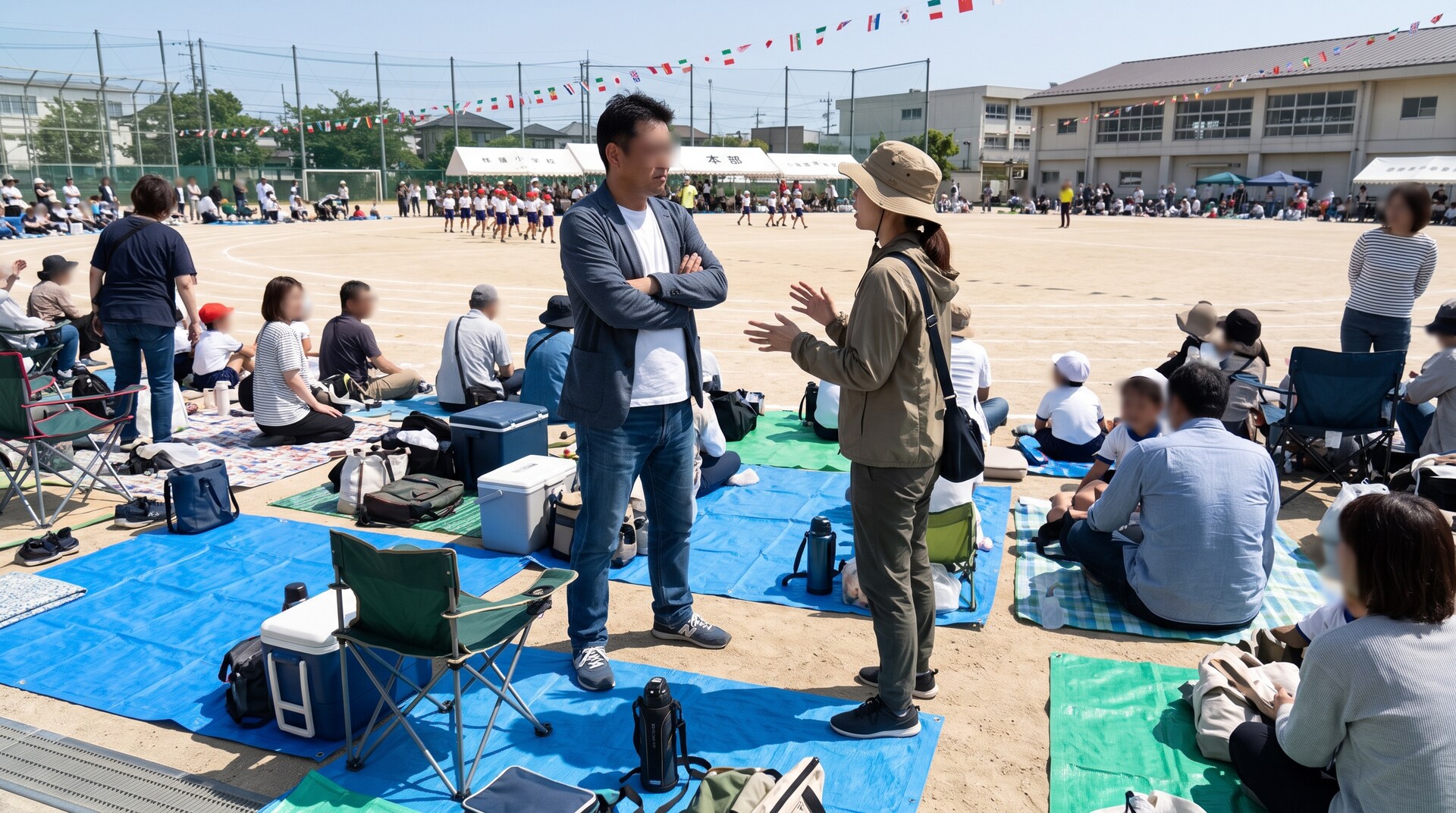 腕を組む男性に対して毅然とした様子で身振り手振りを交えて対話する帽子をかぶった女性保護者。