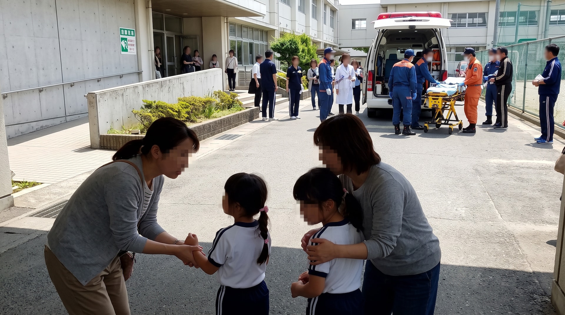 救急車が到着した小学校の保健室前で、不安そうな子どもに声をかけママ友に肩を抱いて託す母親の様子