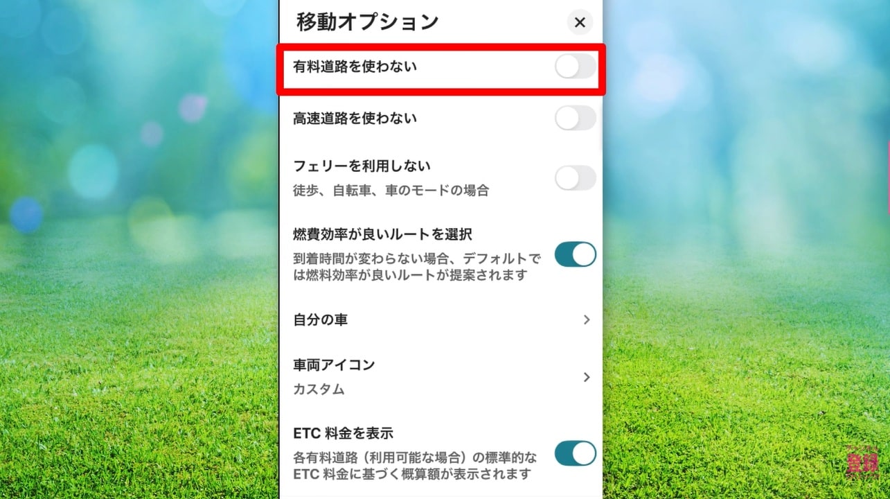 有料道路や高速道路を回避する設定