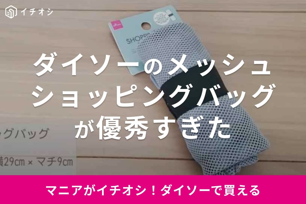 【ダイソー】2Lのペットボトルもラクに入る！「メッシュショッピングバッグ」はカバンで場所を取らない優秀グッズ