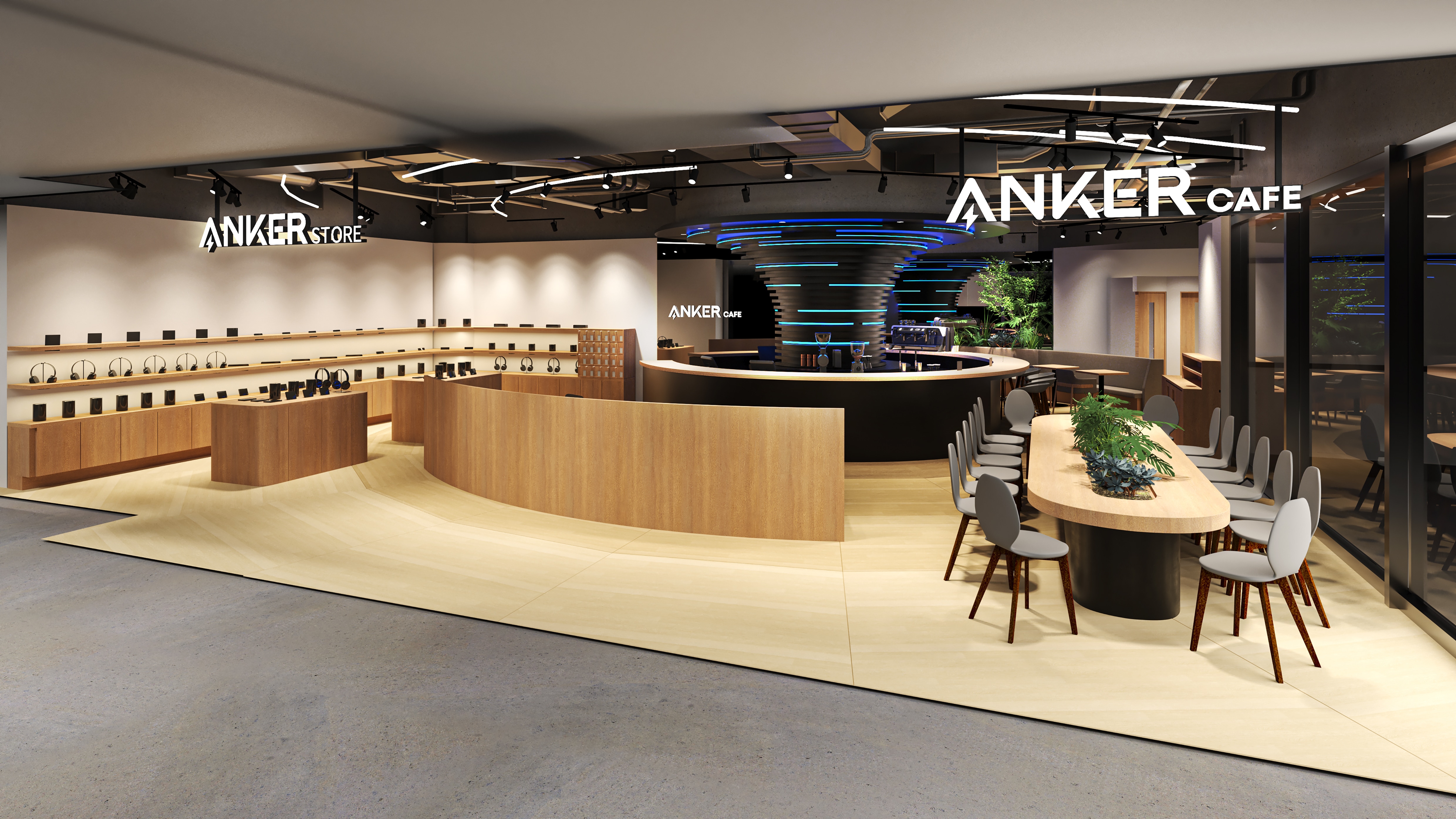 「Anker Store & Cafe」アンカー初のカフェ事業への参入で、全席で急速充電が可能な直営店1号店が汐留にオープン