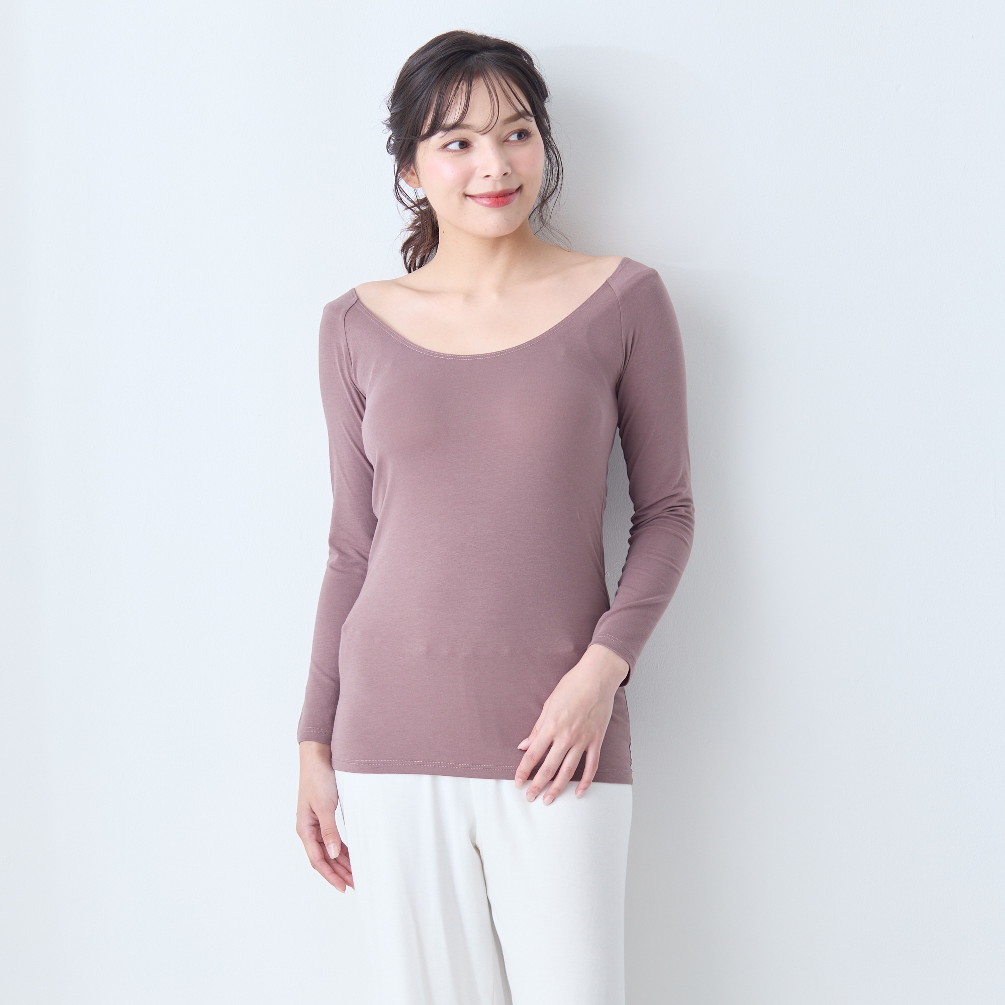 ホットコット/Hotcott 綿混あったかインナー ワイドネック九分袖