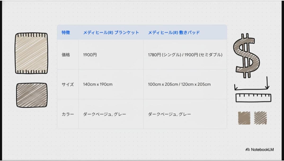 「メディヒールブランケット」と「メディヒール敷きパッド」の価格表