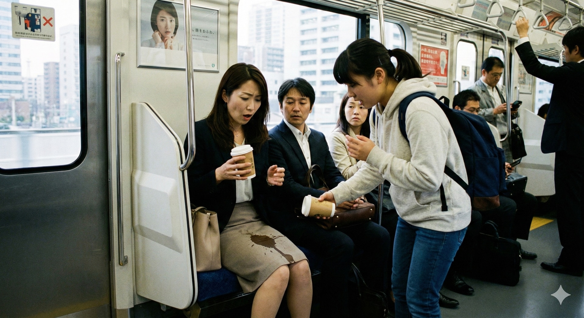 電車で隣の人にコーヒーをこぼされた…ひたすら謝罪する相手にどう対応する？