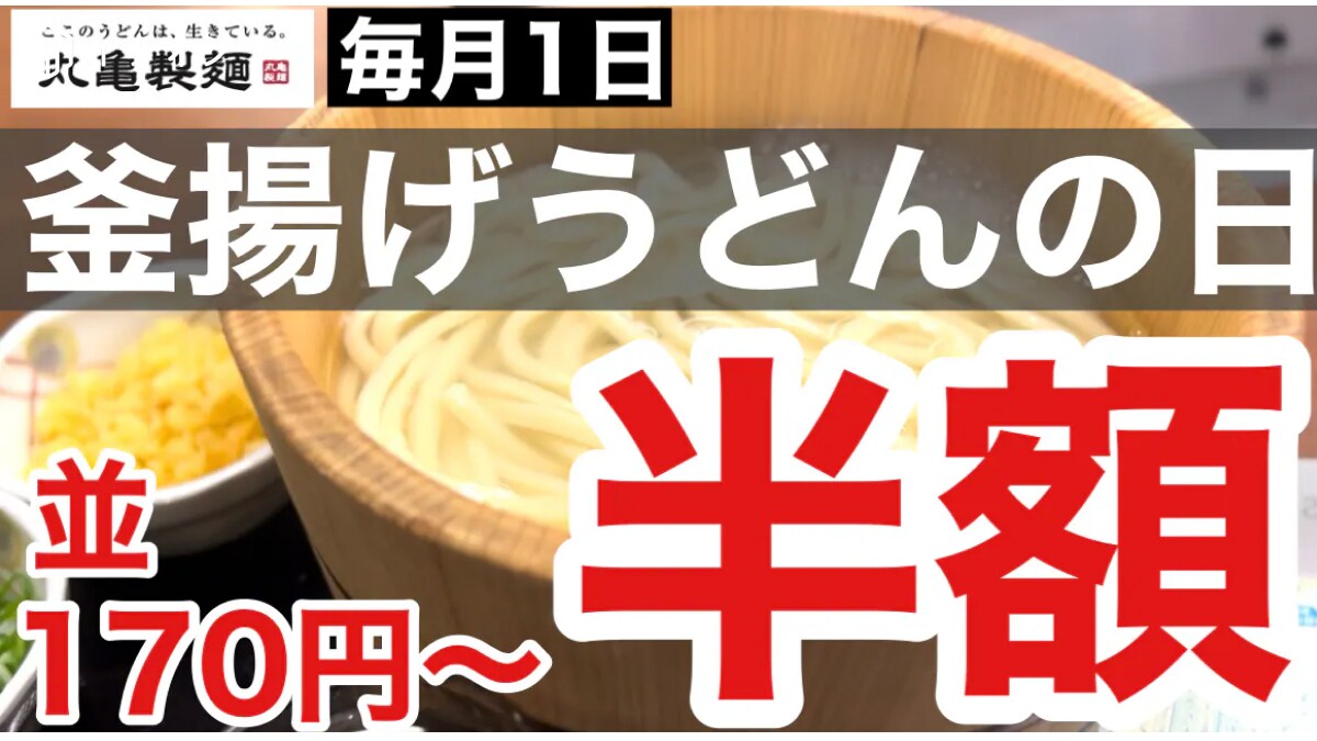【丸亀製麺】毎月1日は「釜揚げうどんの日」！並170円～全サイズ半額になるのがお得すぎる！《動画》