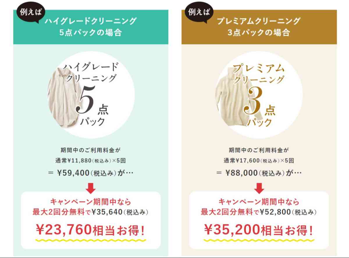 キャンペーン対象クリーニングコースは「ハイグレードクリーニング5点パック」または「プレミアムクリーニング3点パック」