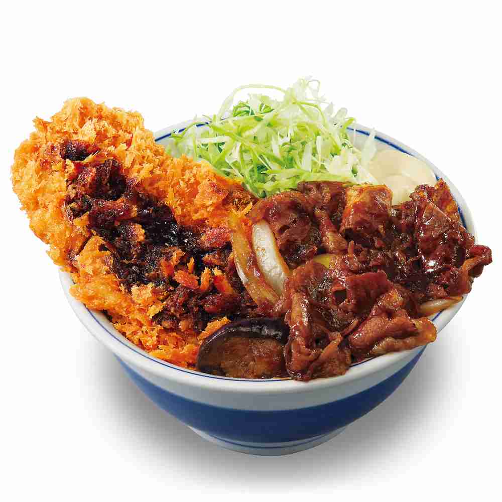 牛焼肉とロースカツの合い盛り丼  価格：979円（税込）