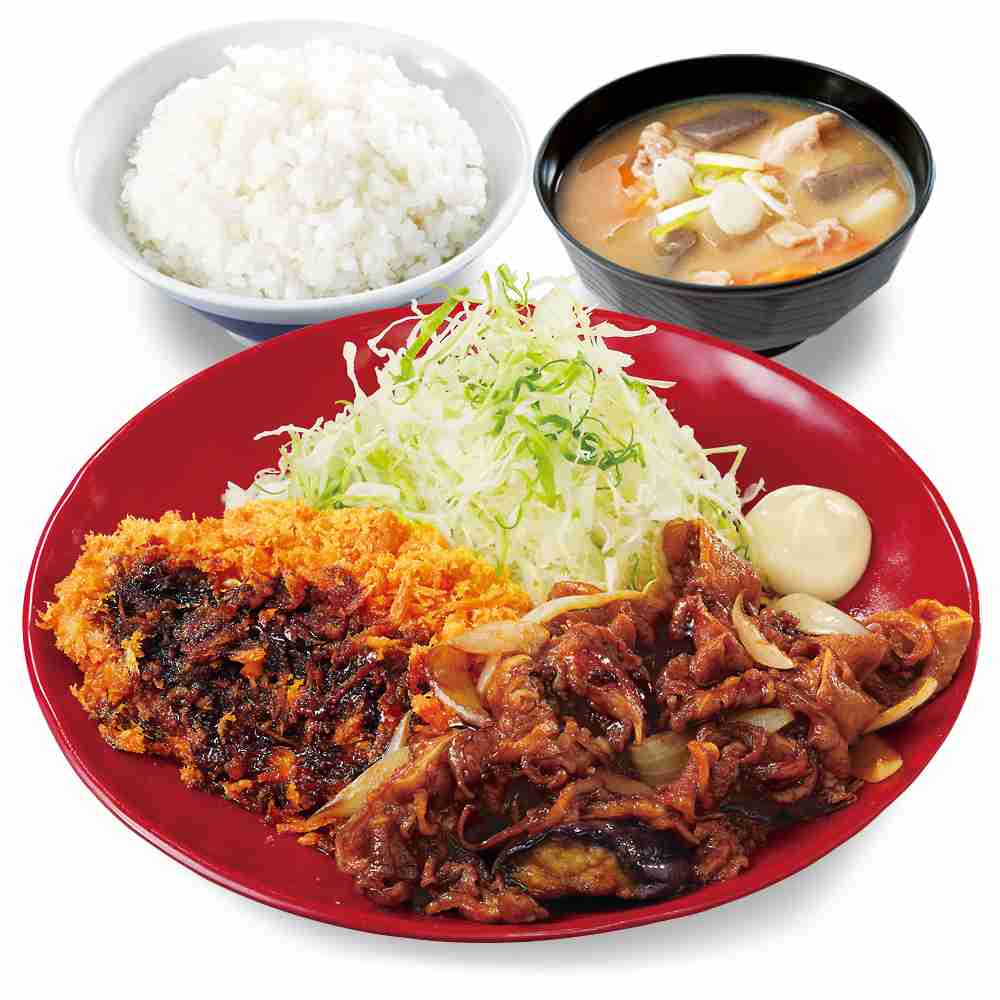 牛焼肉とロースカツの合い盛り定食　  価格：ご飯・とん汁(小)付　1089円（税込）