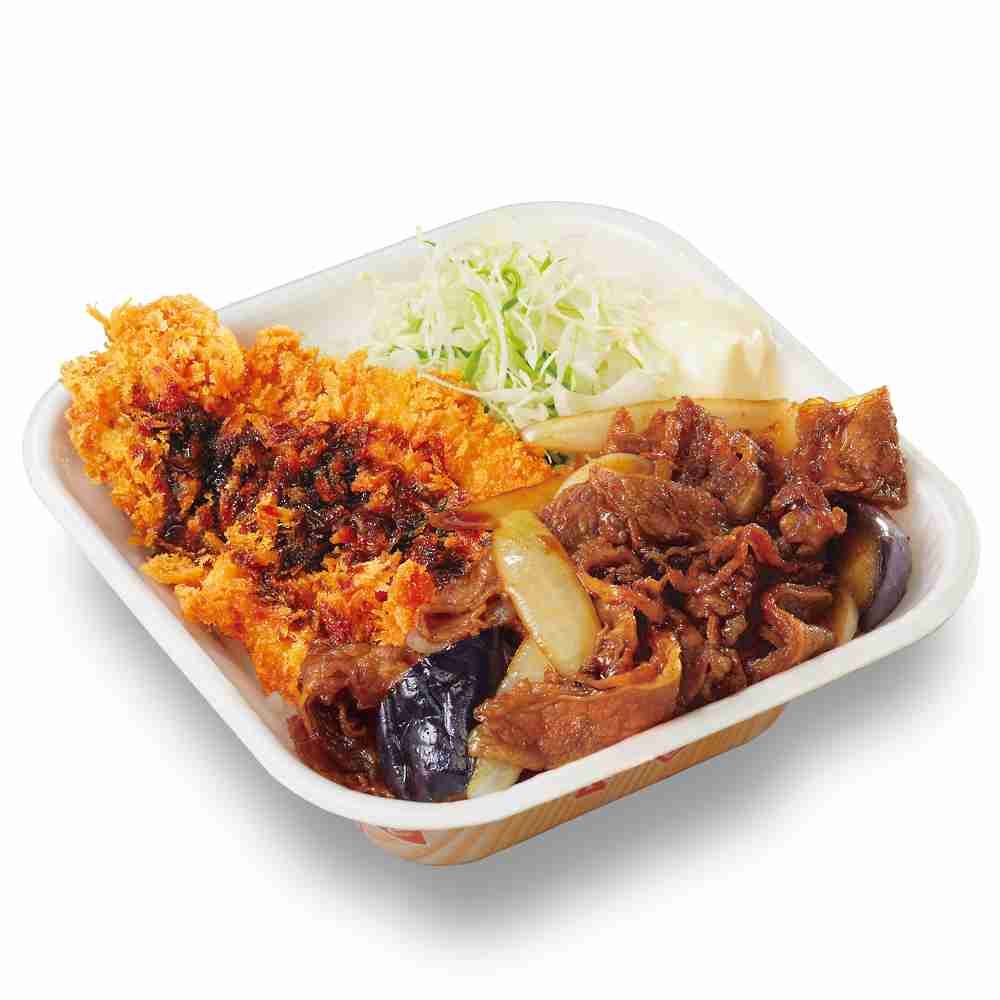 牛焼肉とロースカツの合い盛り丼弁当  価格：961円（税込）