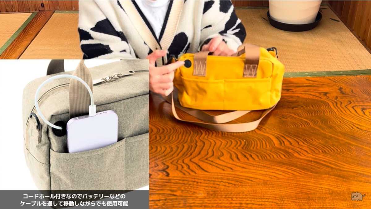 ワークマン「折り畳める2WAY撥水ミニボストンバッグ」はコードホールが便利