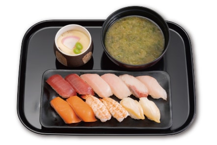 にぎり12貫人気ネタ尽くし・茶碗蒸し・あおさの味噌汁セット
