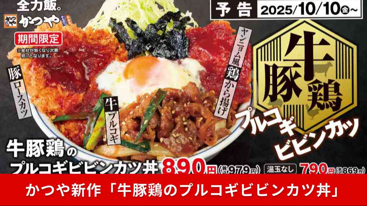 とんかつ専門店かつやに3種の肉を一度に楽しめる「牛豚鶏のプルコギビビンカツ丼」新登場