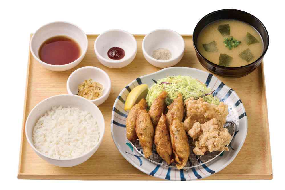 鶏皮餃子と鶏竜田揚げの定食(鶏皮餃子6個・鶏竜田揚げ2個) 1,240円