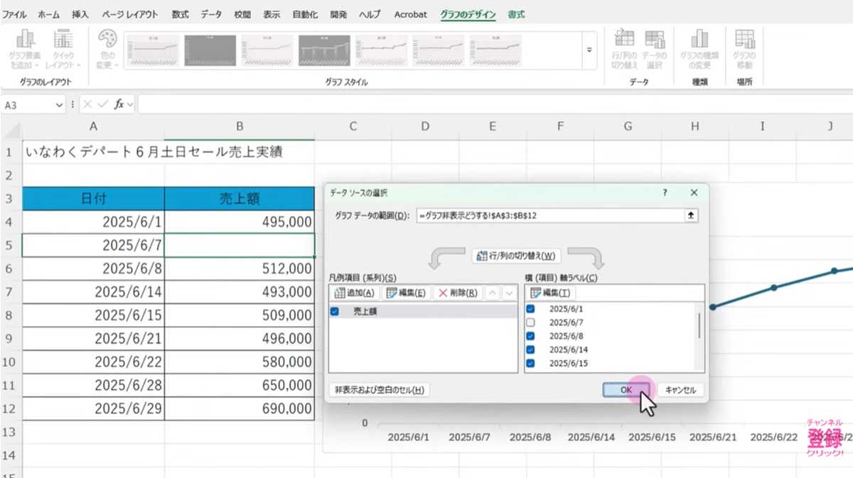 Excel爆速時短術その10:「データ選択」で折れ線グラフの切れを解消!