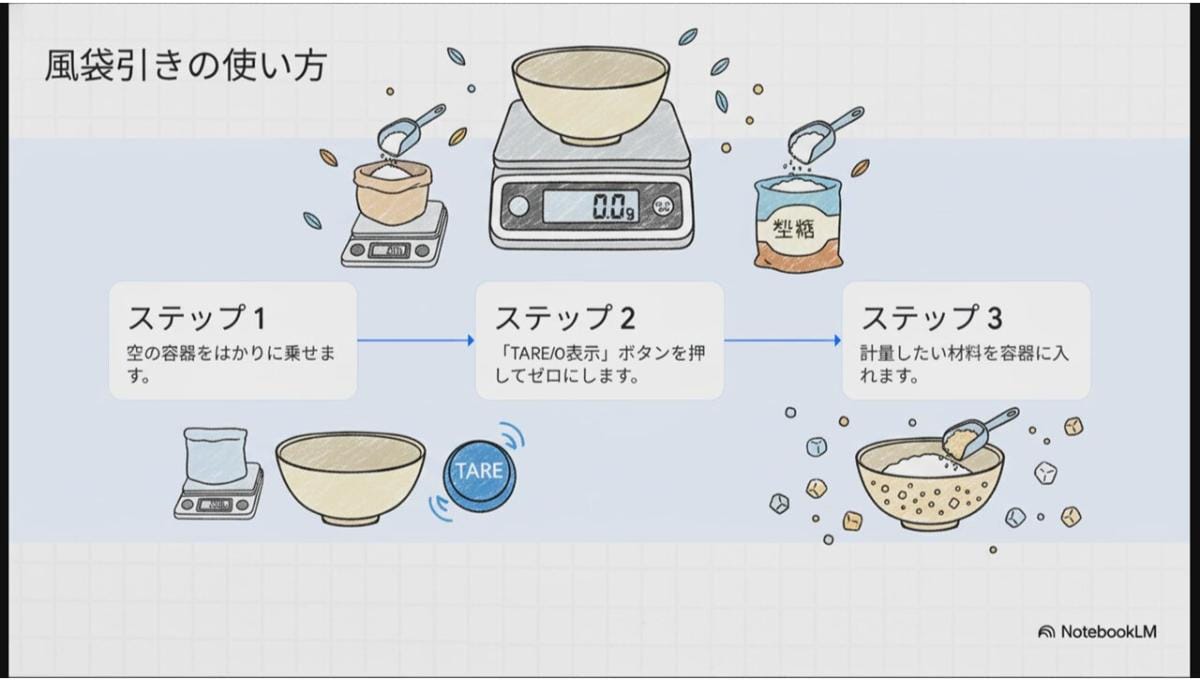 デジタル式のはかりは風袋引き機能が便利!