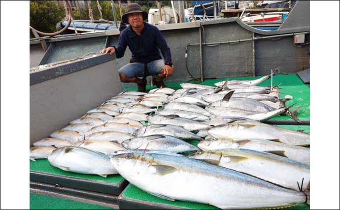 【沖釣り釣果速報】落とし込み釣りでヒラマサ107cm浮上!エサ付き抜群で青物ラッシュ!(福岡)
