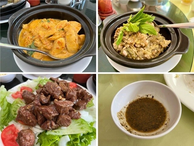 ランチに食べたカンボジア料理。（左上）アモックという定番のカンボジア料理。辛くないカレーみたいな、スープみたいな。（右上）チャートロップ。ナスと肉味噌炒めみたいな。食べたことのない不思議な風味でおいしい。（左下）ロックラック。牛肉のサイコロステーキのオイスターソース炒めみたいな。これを、カンボジア胡椒と塩のパウダーにライムのソースを絞って混ぜたペースト状のソース（右下）につけて食べる。これがめちゃくちゃうまい！　氷を浮かべた薄い東南アジアのビールのアテにピッタリ。