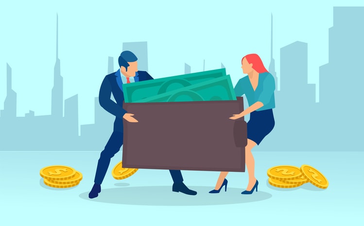 Vector of a couple man and woman fighting over family budget, money