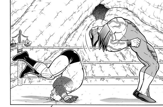 ジャッジメント・クラッシュでテリーマンを石のリングに叩きつけたジャスティスマン。腹筋でゆっくりと体を起こす得意のムーブも！