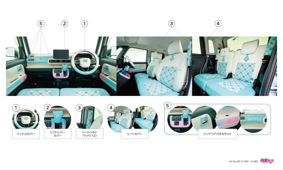 初音ミク仕様の車内デザイン。ハンドルやシートが水色と白で彩られている。