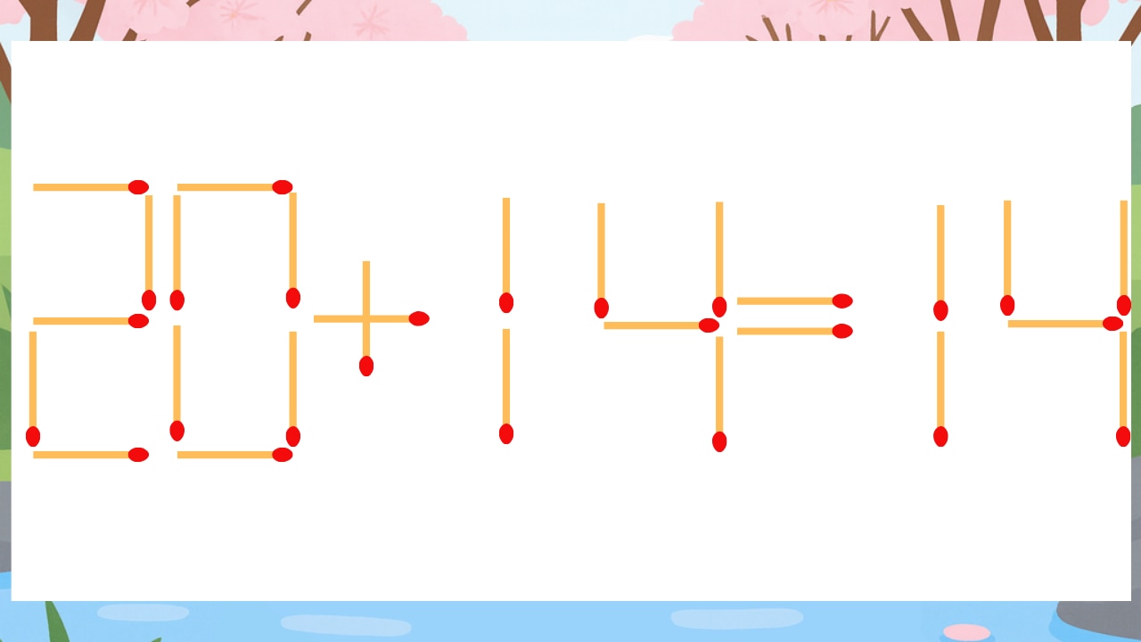 【マッチ棒クイズ】1本だけ動かして正しい式に：20+14=14？の画像