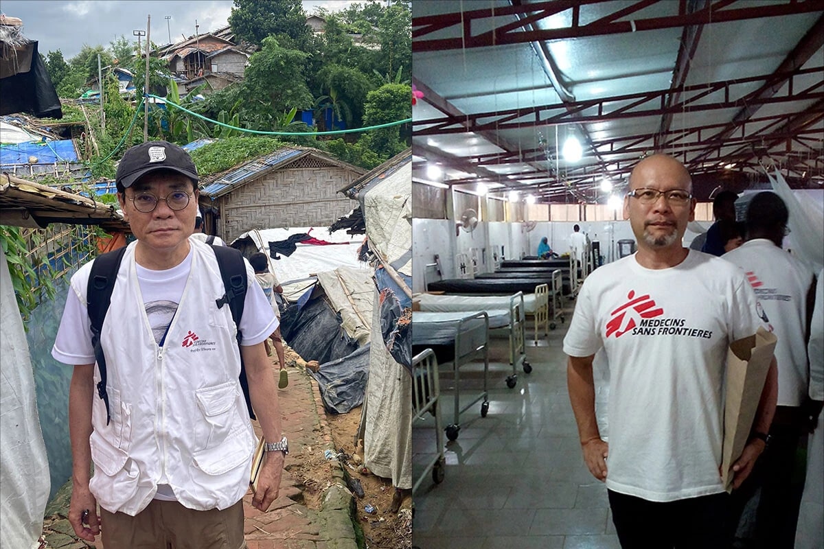 （左）バングラデシュのロヒンギャ難民キャンプを訪れたいとうせいこう氏。傾斜のきつい土地に、仮設のテントが密集する。©️Shumpei Tachi / MSF （右）2016年、ナイジェリア北東部で、政府軍と武装勢力「ボコ・ハラム」との紛争激化による国内避難民支援のため、MSFが開設した入院栄養治療センターでの萩原健氏 ©️Ken Hagiwara