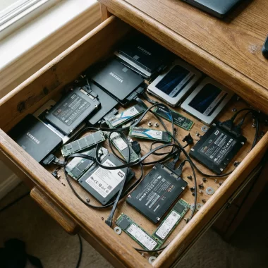 デスクの引き出しに無造作に転がっている2.5インチSATAのSSDとM.2 NVMe SSD