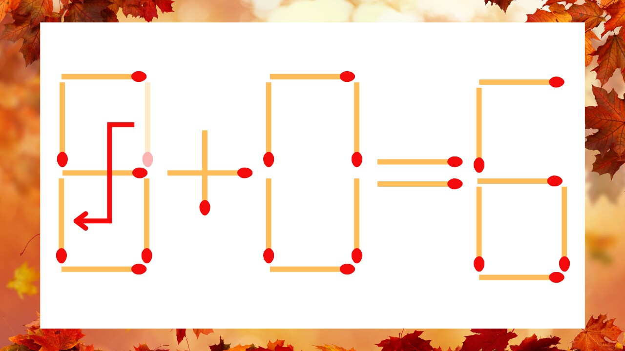 【マッチ棒クイズ】1本だけ動かして正しい式に：9+0=6？の正解画像