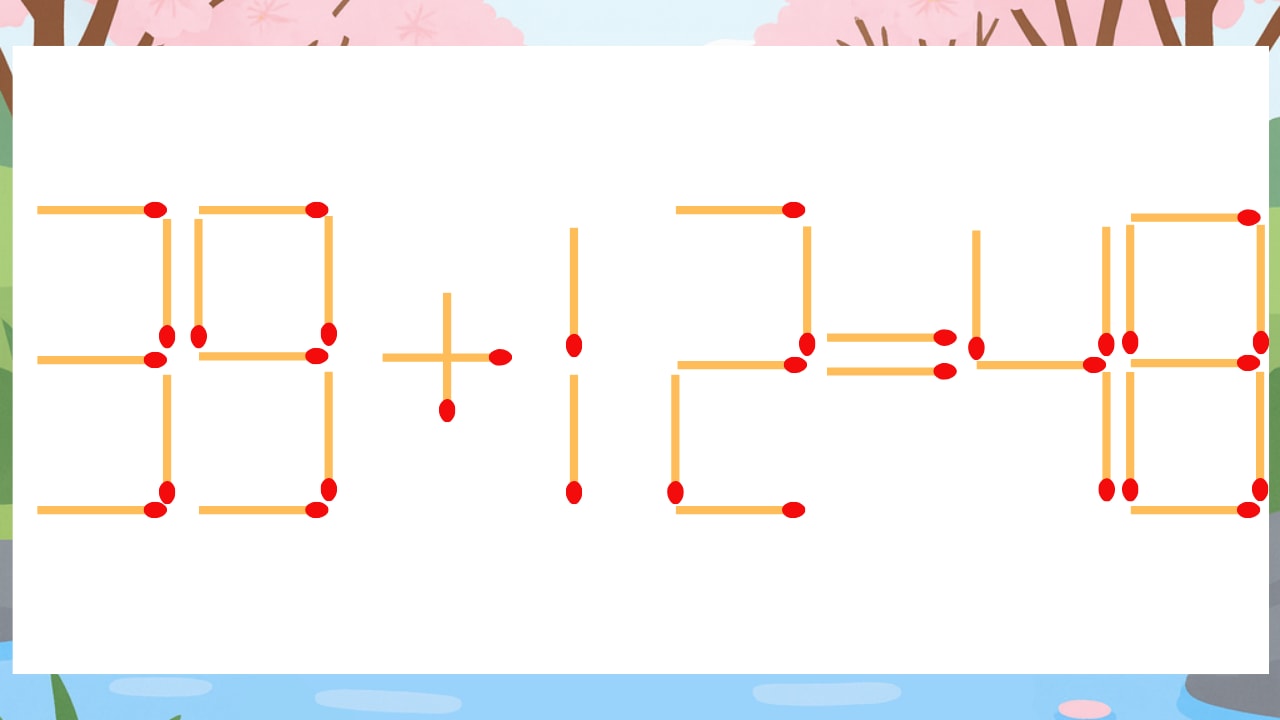 【マッチ棒クイズ】1本だけ動かして正しい式に：39+12=48？の画像
