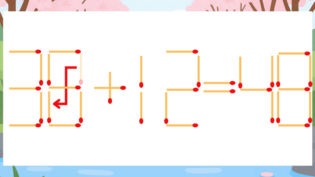 【マッチ棒クイズ】1本だけ動かして正しい式に：39+12=48？の正解画像