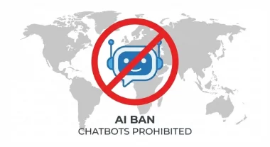 世界地図上にAIチャットボットのアイコンと禁止マークが重ねられたインフォグラフィック