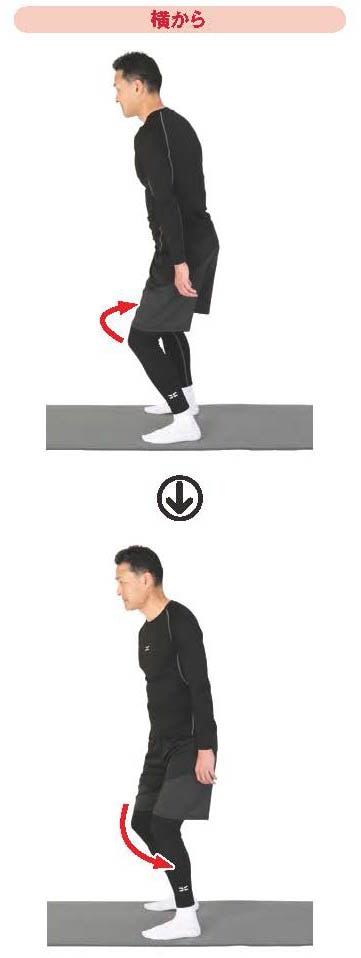 立位での脚の曲げ伸ばしでねじれの動きをチェック(横から)【スポーツ障害予防の教科書】