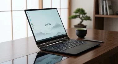 VAIOノートPCの製品イメージ写真。デスク上でモバイルワークしているシーン