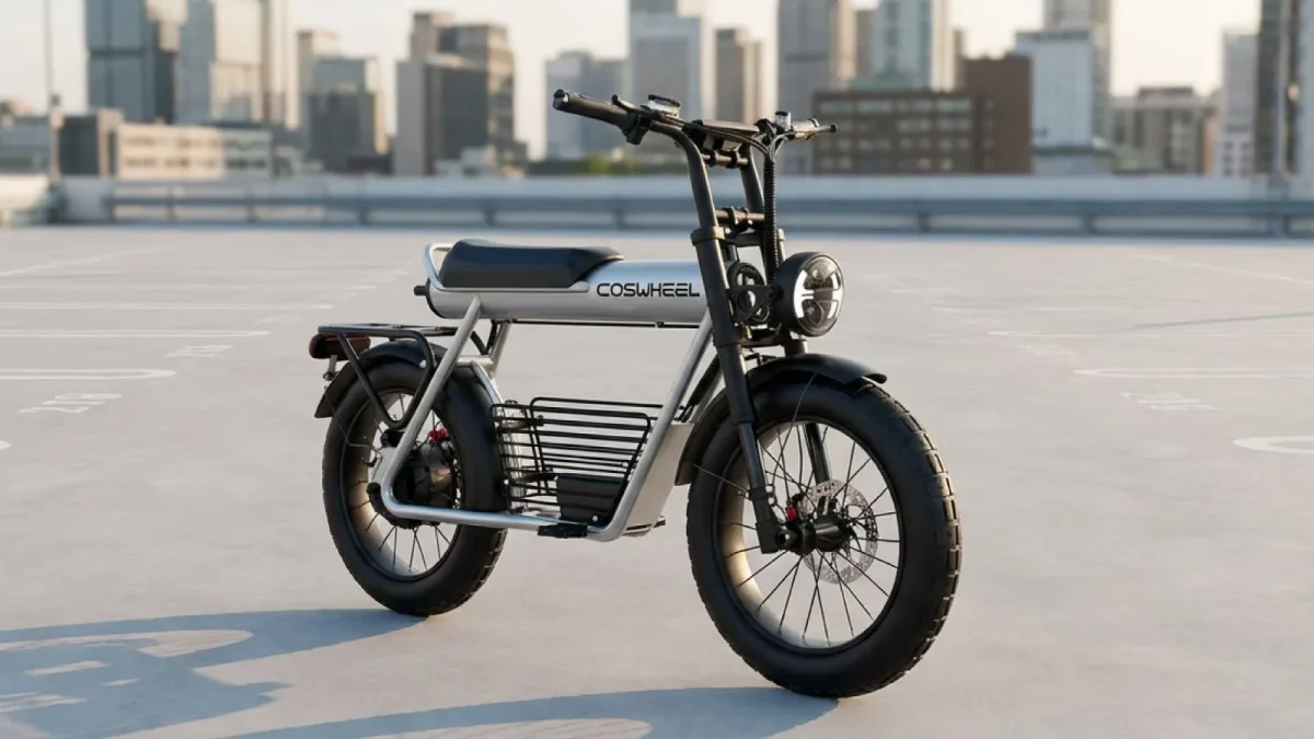 都市の屋上駐車場に駐車された電動自転車。黒いタイヤとシート、丸いヘッドライトが特徴的。