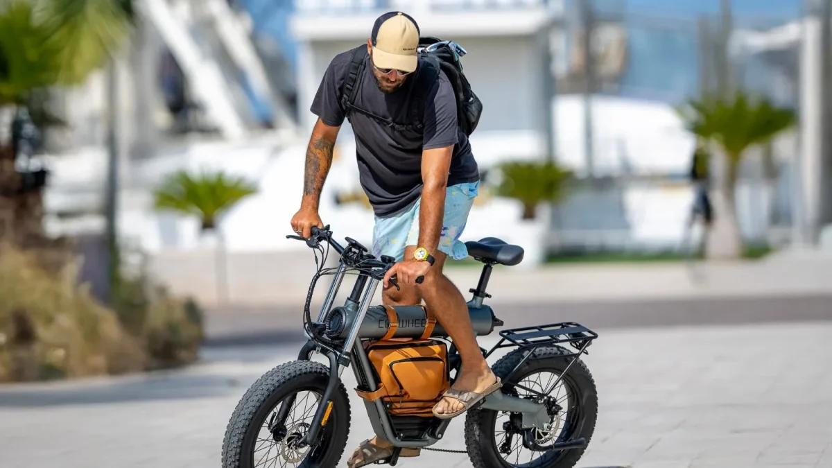 電動自転車に乗る男性。ヤシの木が並ぶ道を走行中。