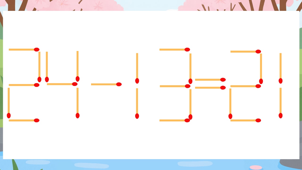 【マッチ棒クイズ】1本だけ動かして正しい式に：24-13=21？の画像