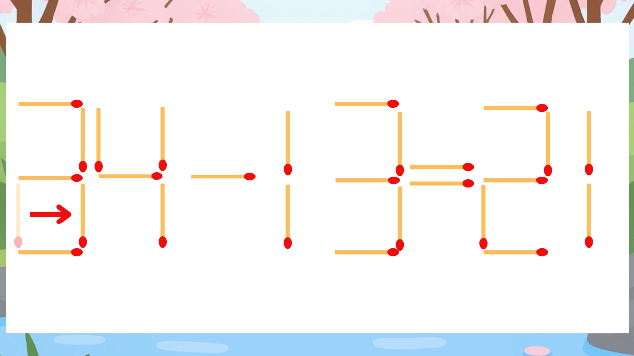 【マッチ棒クイズ】1本だけ動かして正しい式に：24-13=21？の正解画像