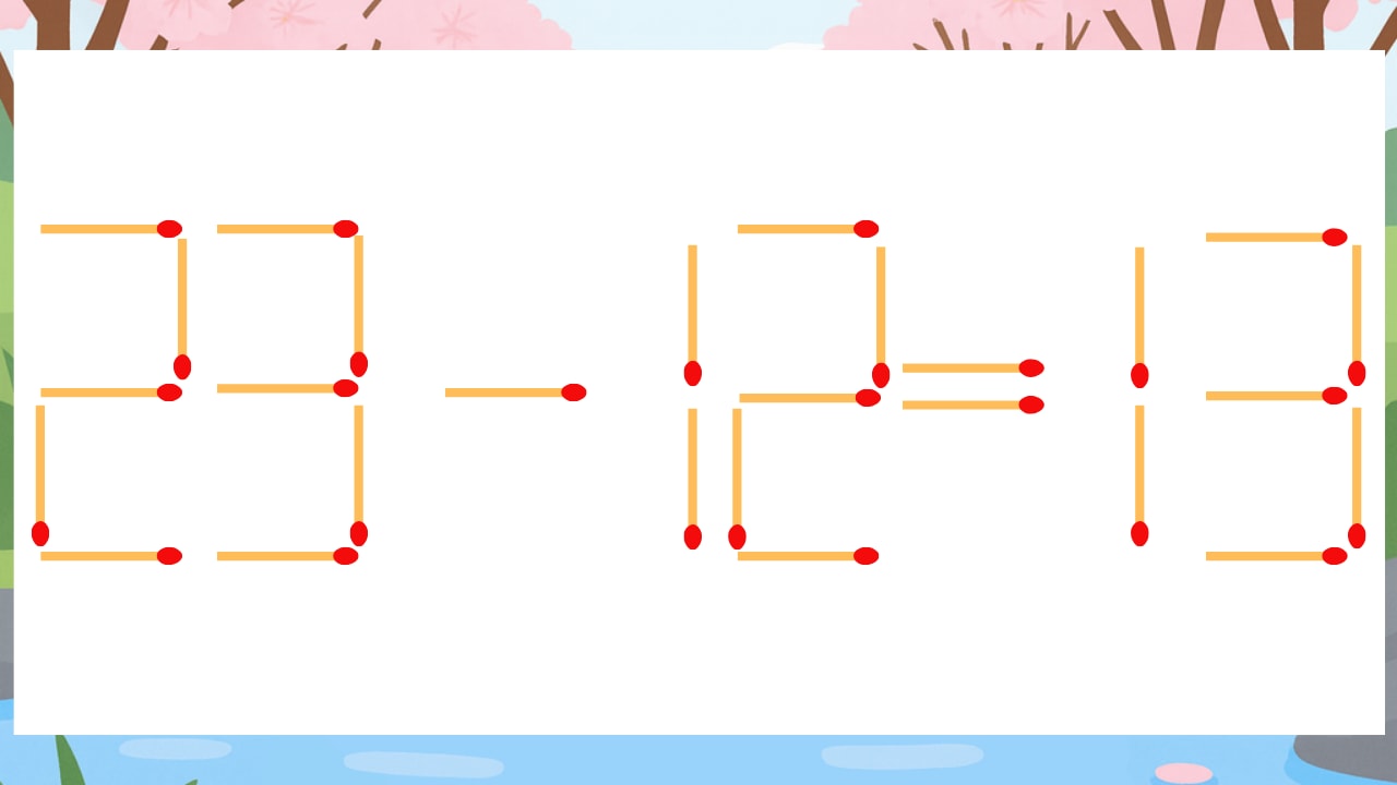 【マッチ棒クイズ】1本だけ動かして正しい式に：23-12=13？の画像