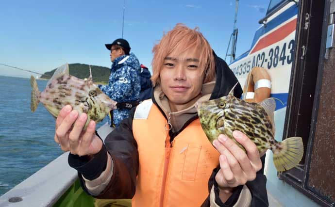 伊良湖沖のカットウ釣りで良型ヒガンフグ＆カワハギ続々【愛知】船宿の身欠き処理で持ち帰りも安心