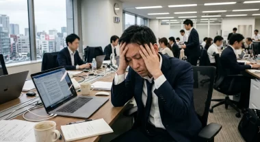 オフィスでノートPCの前に座り、疲れた表情で頭を抱えるビジネスパーソンのイメージ写真