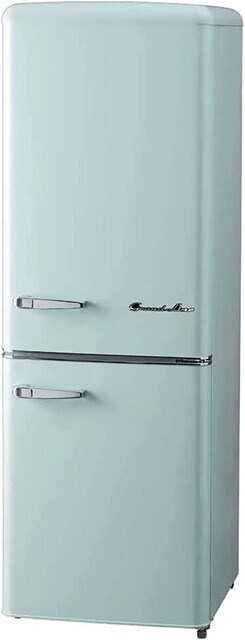 グランドライン　2ドア冷凍冷蔵庫 ARE-198　シルバーの取っ手をつけたレトロデザインで大人気。ホワイトとライトグリーンの２色展開。冷蔵室144リットル、冷凍室54リットルのコンパクトボディはひとり暮らしにジャスト。5万9800円