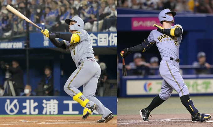 打率トップ争いに絡む、3番・森下（左）とホームラン、打点でトップの4番・佐藤輝（右）