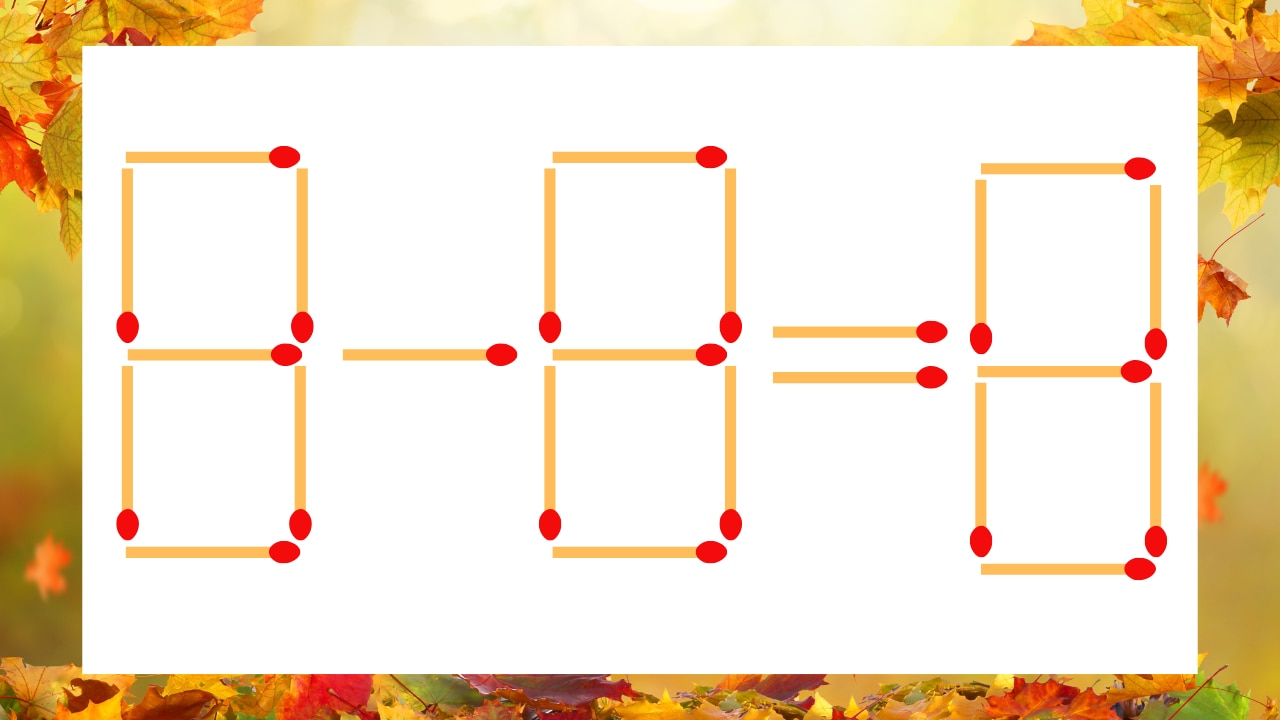 【マッチ棒クイズ】1本だけ動かして正しい式に：8−8＝8？の画像