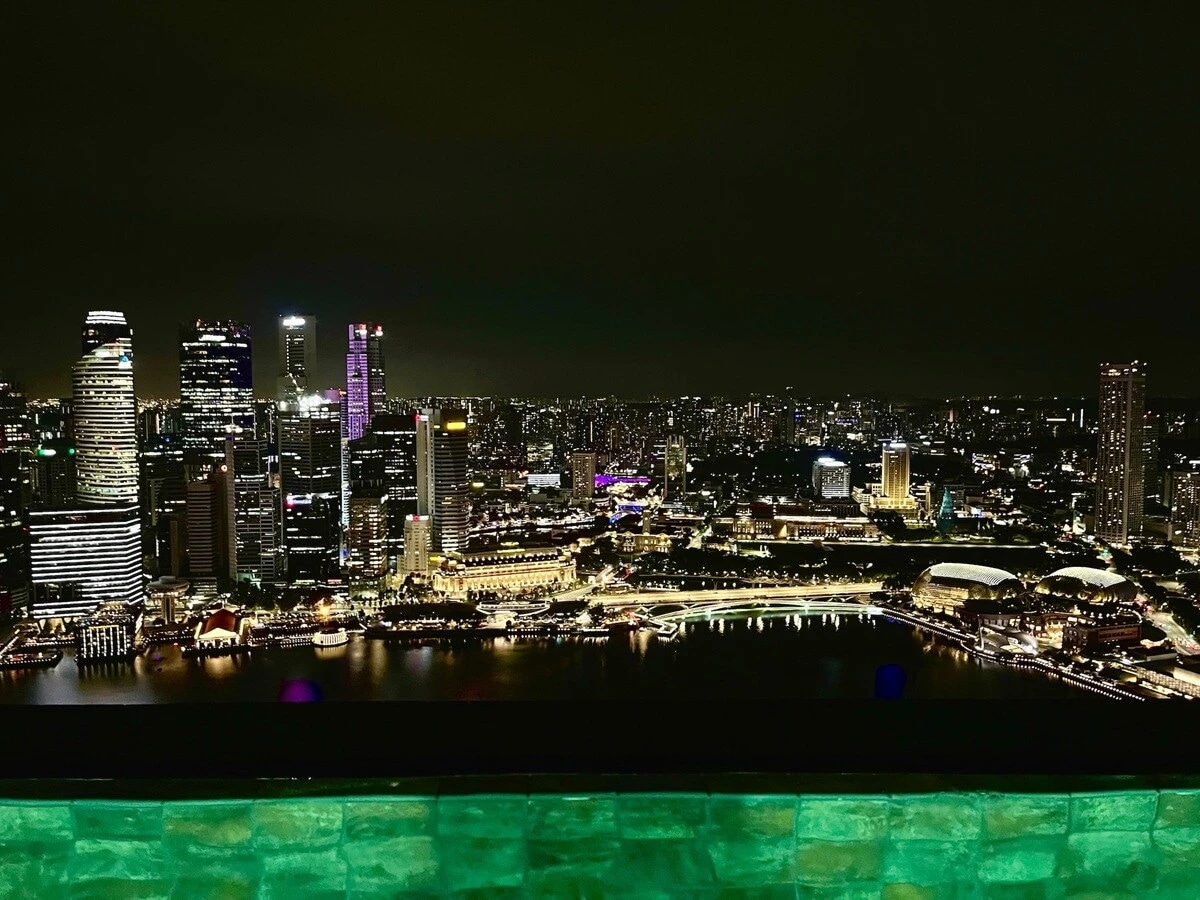 シンガポールのランドマーク的ホテル「マリーナベイサンズ」（3棟のビルの上に船が載っているやつ。前編の写真参照）の屋上のインフィニティプールからの眺め。2022年の初訪星の時に撮った写真。当時は宿泊費がまだめちゃくちゃ安く、奇跡的に泊まることができた。