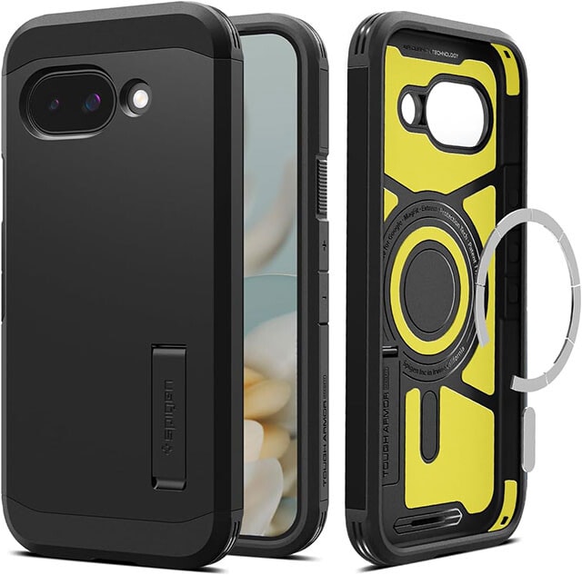 タフ・アーマー（AI）・マグフィット（Spigen／実勢価格4000円前後）充電器やスマホリングなど、マグネット系のアクセサリーを利用できるケース。キックスタンドを装備して動画視聴に最適です！