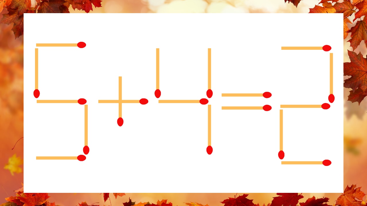 【マッチ棒クイズ】1本だけ動かして正しい式に:5+4=2?の画像