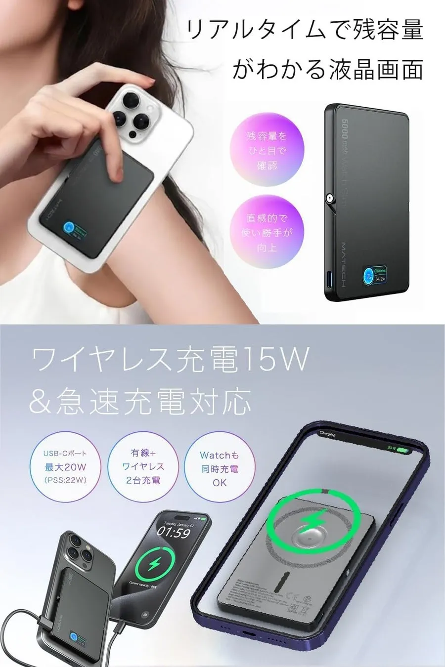 スマートフォン用のワイヤレス充電器のリアルタイムディスプレイ