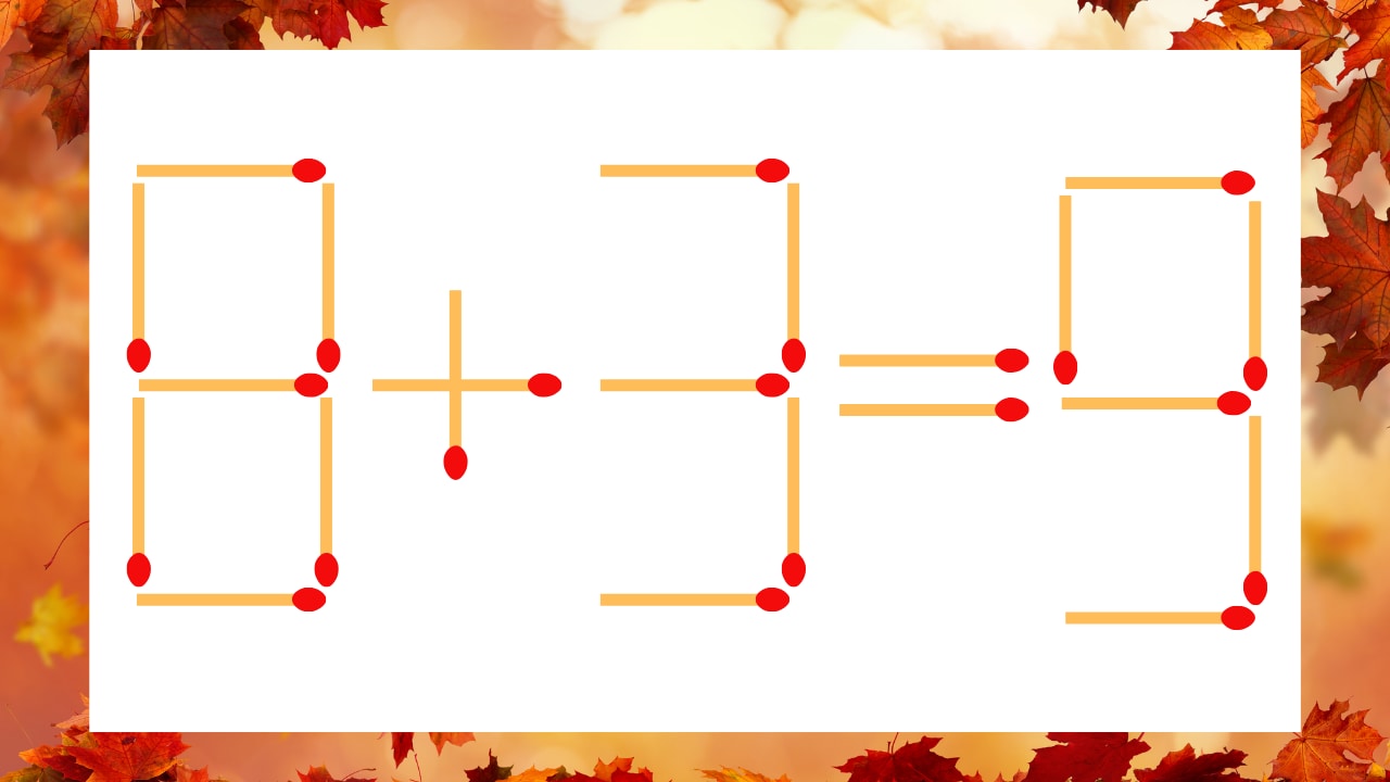 【マッチ棒クイズ】1本だけ動かして正しい式に:8+3=9?の画像