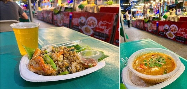 パッポンストリートでの夕食。海鮮チャーハン（左）とトムヤムクン（右）。屋台飯とあなどるなかれ、このトムヤムクンは人生イチうまかった。でも屋台飯で250バーツ。日本円換算で1100円。人生イチうまいバンコクの屋台飯が1100円、である。それを高いととるか、安いととるか......。